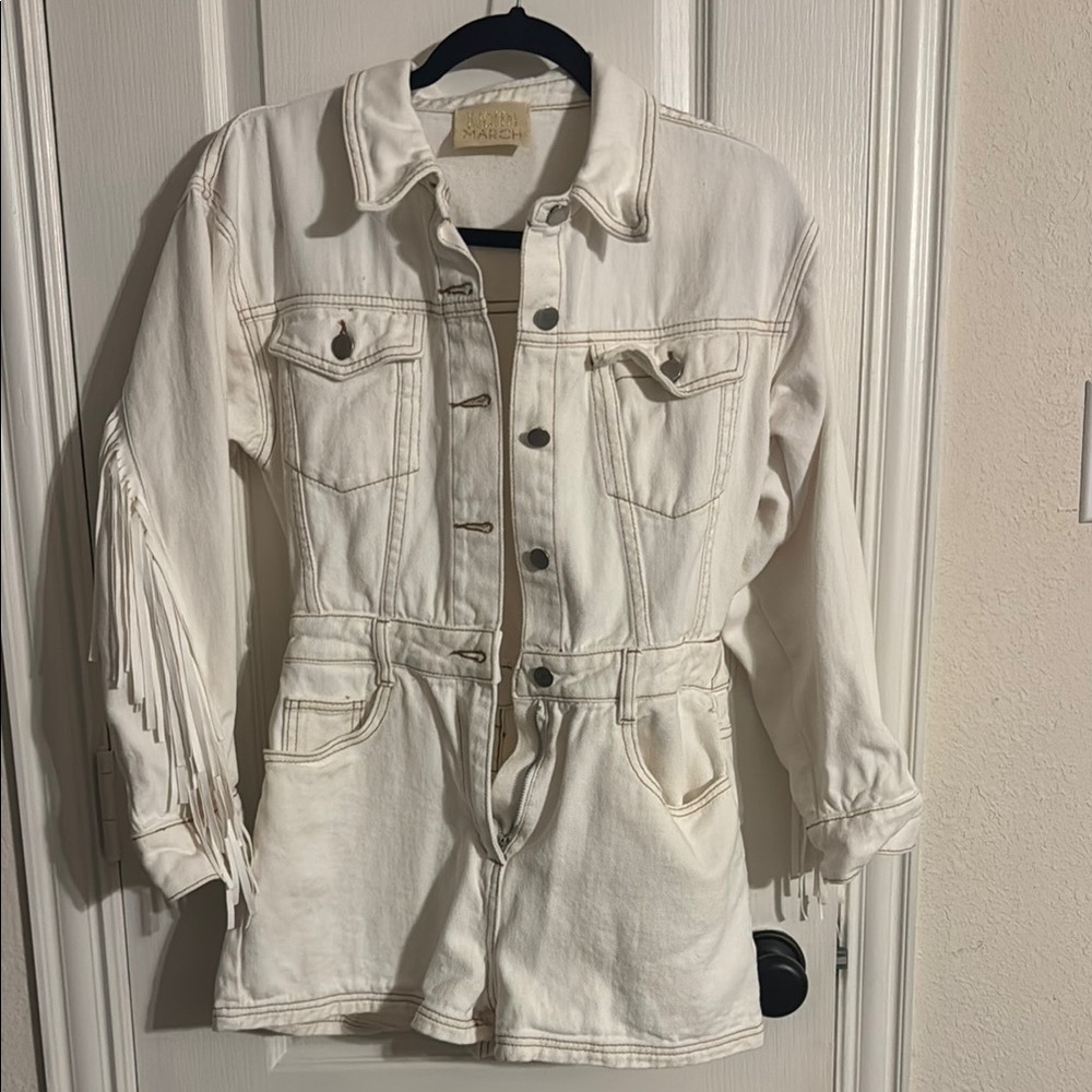 Judith March Cream Denim Romper with Fringe